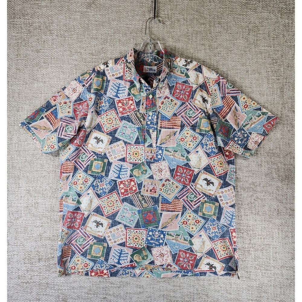 VTG Reyn Spooner Patriotic Reverse Print Hawaiian Shirt Mens L Half Button‎